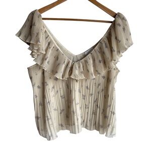 Ganni Accordion Blouse Sz 40 M Cream Ruffle Floral Sleeveless Minimalist EUC